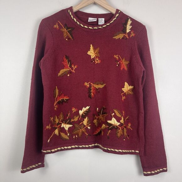 Carolina Colours Sweaters - Embroidered Fall Leaf Crewneck Sweater - Burgundy